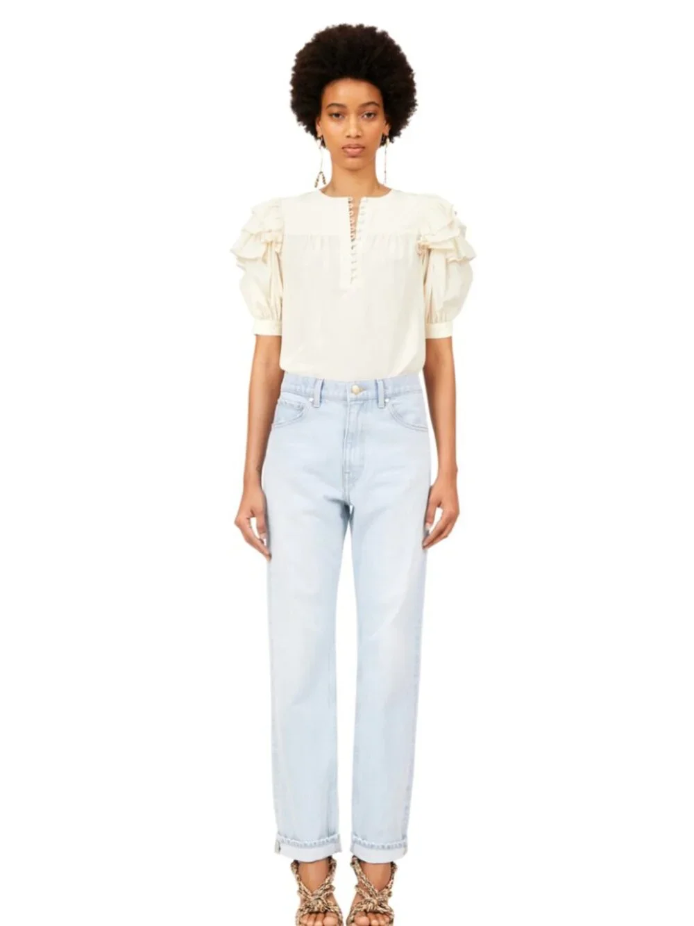 Ulla Johnson Nova Covered Button Yoke Ruffle Sleeve Silk Top Bone